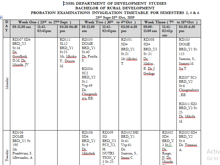 invigilation timetable